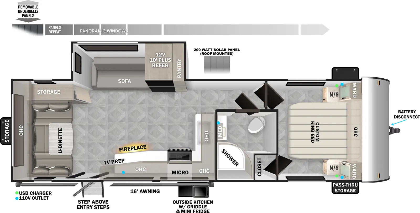 The 2560RD has one slideout and one entry. Exterior features battery disconnect, front pass through storage, outside kitchen with griddle and mini refrigerator, 16 foot awning, StepAbove entry steps, rear storage, removable underbelly panels, and roof-mounted 200 W solar panels. Interior layout front to back: foot-facing custom king bed with overhead cabinet, wardrobes with nightstands on each side, and door side closet; door side full bathroom with medicine cabinet; off-door side slideout with pantry, 12V refrigerator, and sofa with panoramic windows; kitchen counter with sink and overhead cabinet wraps from inner wall to door side with cooktop, microwave, TV prep, fireplace, and entry; rear u-dinette, storage, and overhead cabinet.